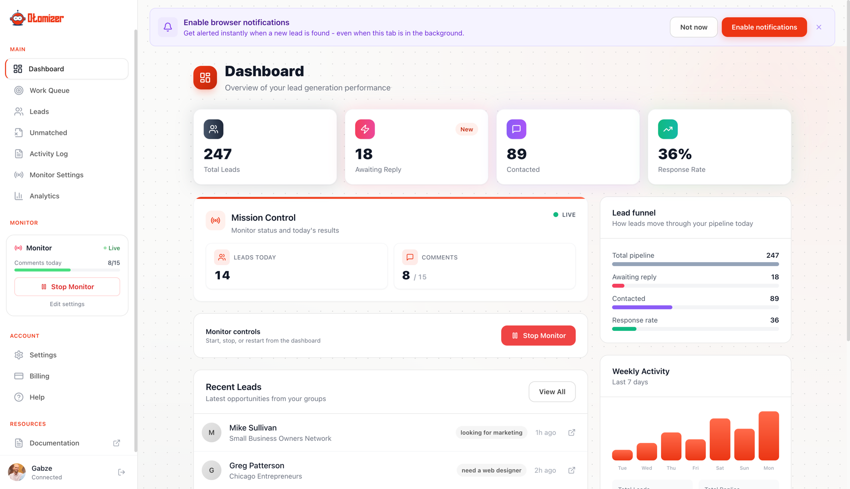 Otomizer Dashboard: See total leads, response rate, live monitor status, and weekly activity in one view.